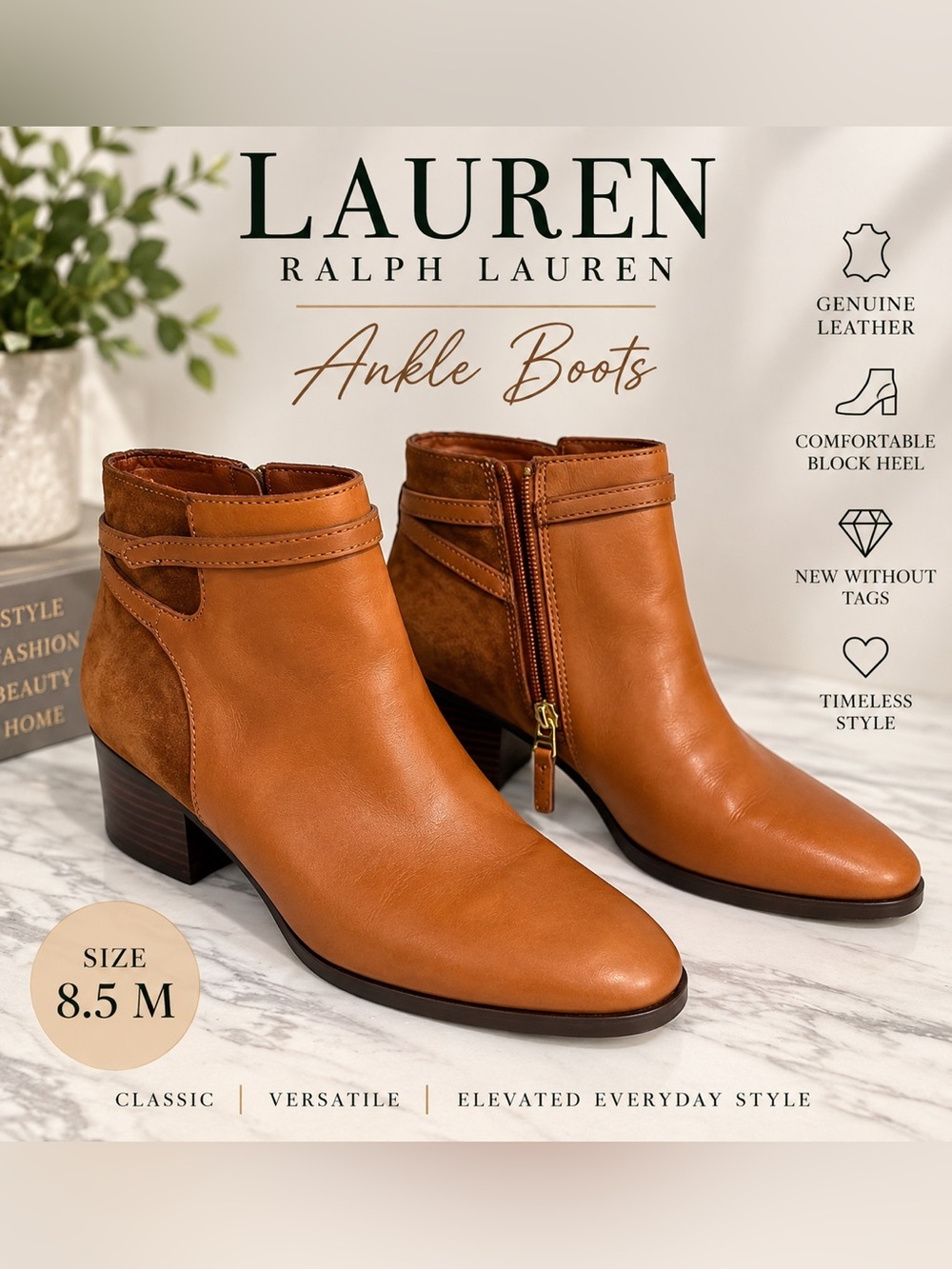 Lauren Ralph Lauren Leather Suede Ankle Boots Cognac 8.5 M NWOT
